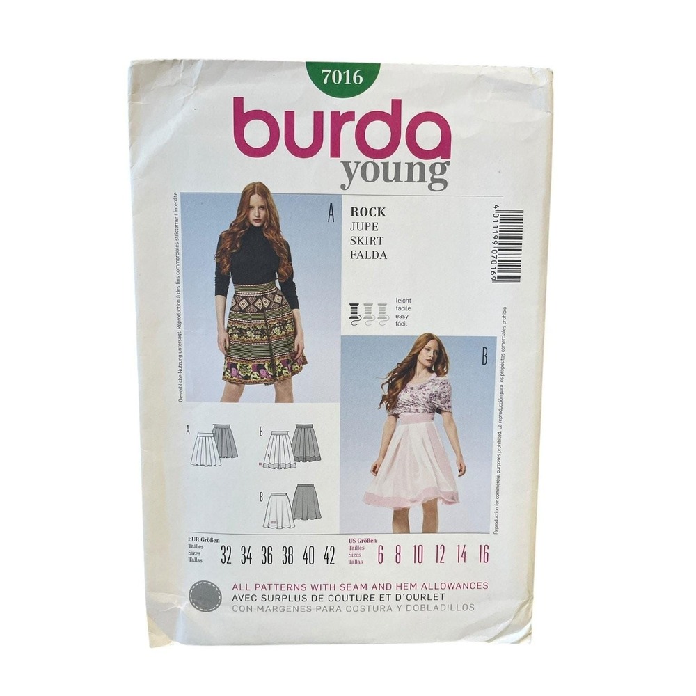 Burda 7016 Young Skirt Sewing Pattern Sizes 6-16 Modern Semi-Fitted